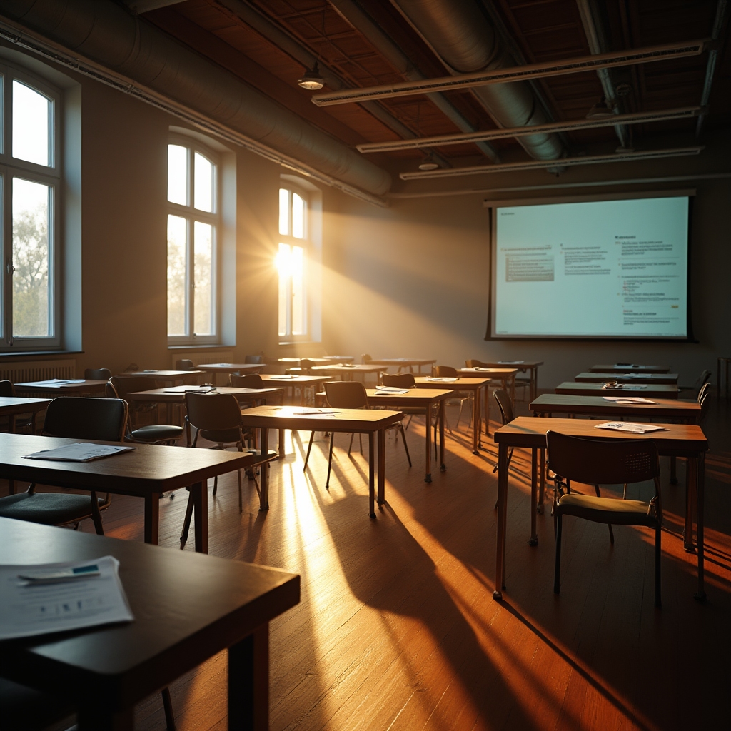 Připravená školicí místnost s rozloženými materiály před začátkem workshopu